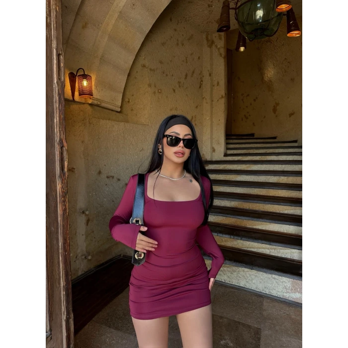 Bordo Kare Yaka Scuba Elbise