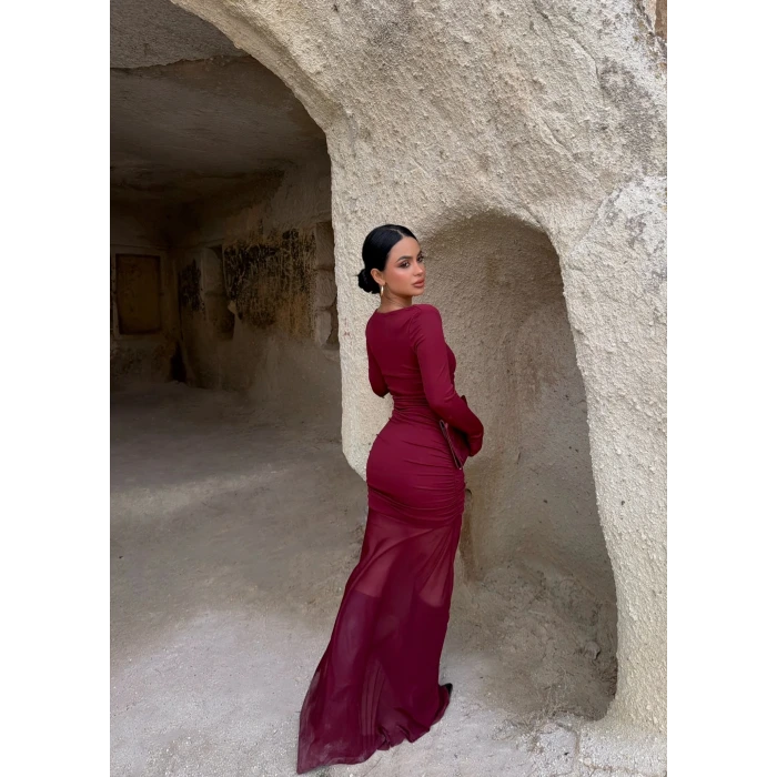 Bordo Kare Yaka Tüllü Maxi Elbise