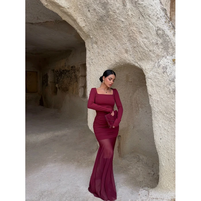 Bordo Kare Yaka Tüllü Maxi Elbise