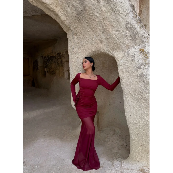 Bordo Kare Yaka Tüllü Maxi Elbise