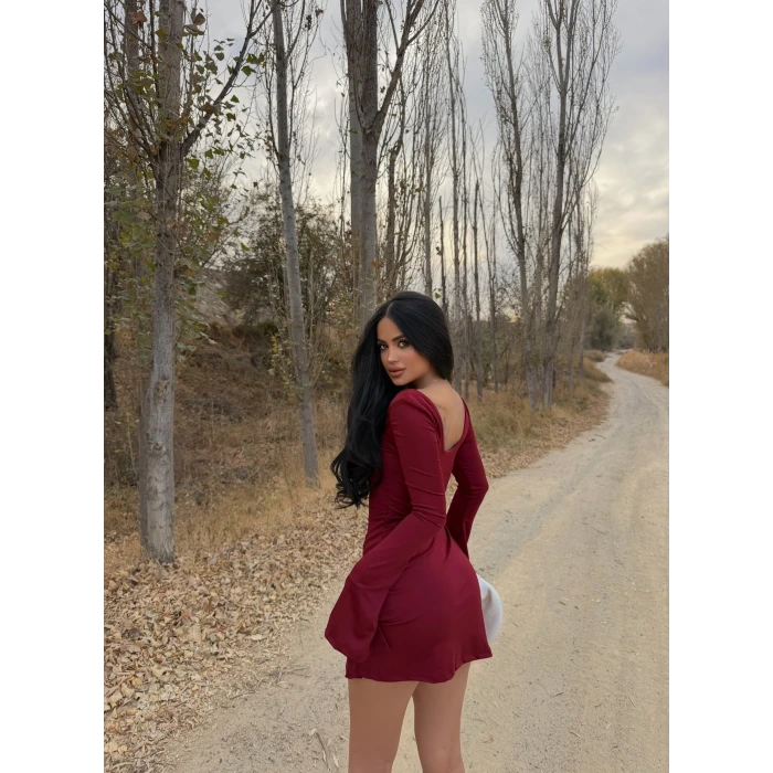 Bordo Kare Yaka Volanlı Elbise