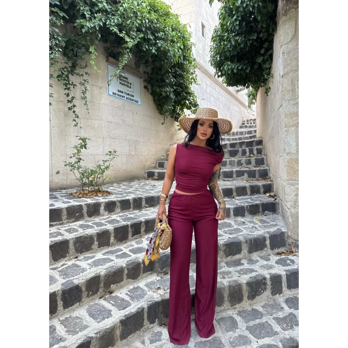 Bordo Kayık Yaka Compact İkili Takım