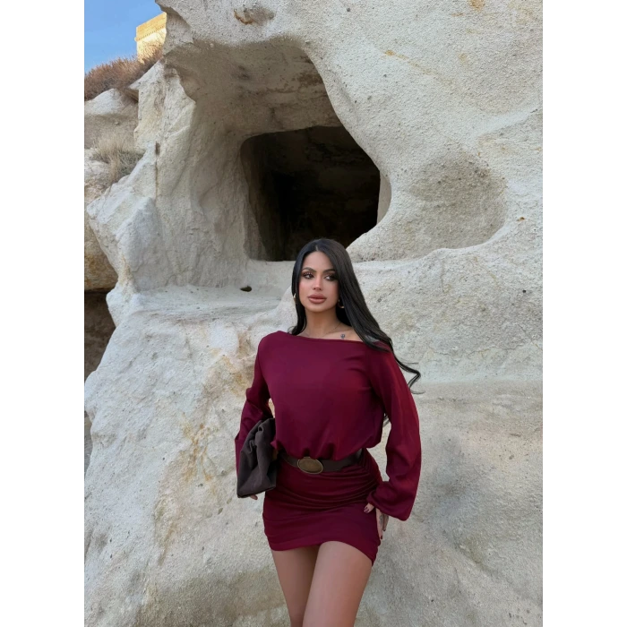 Bordo Kayık Yaka Modal Elbise