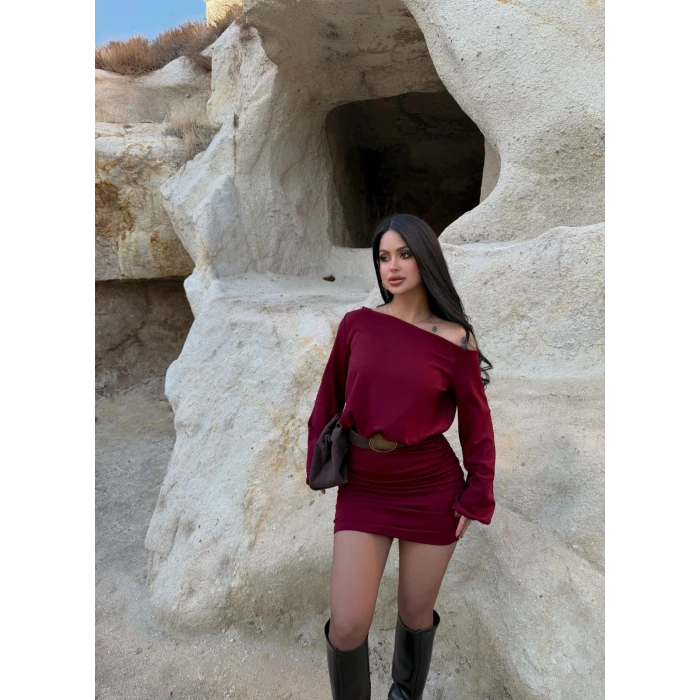 Bordo Kayık Yaka Modal Elbise