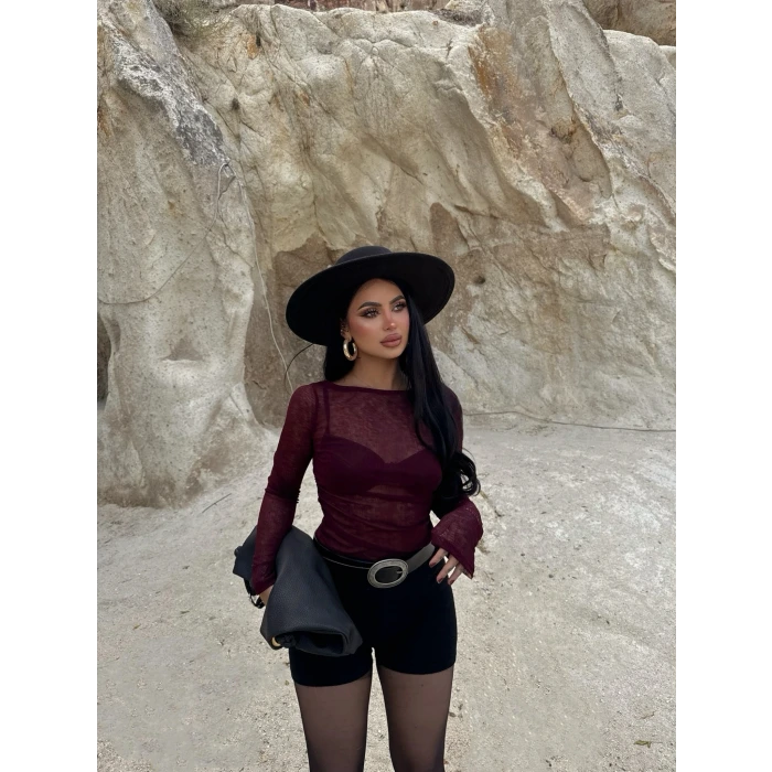 Bordo Kayık Yaka Transparan Crop