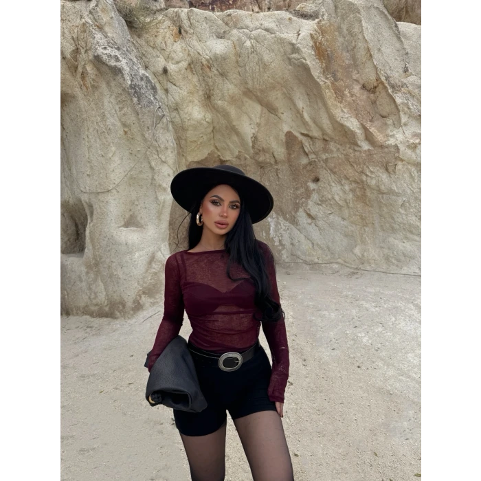 Bordo Kayık Yaka Transparan Crop
