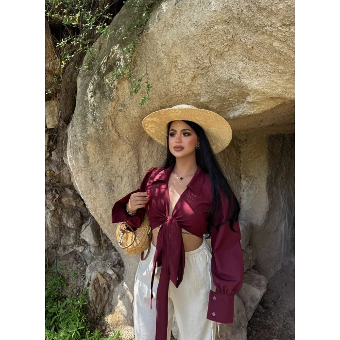 Bordo Kruvaze Göbek Bağlamalı Gömlek