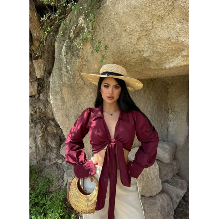 Bordo Kruvaze Göbek Bağlamalı Gömlek