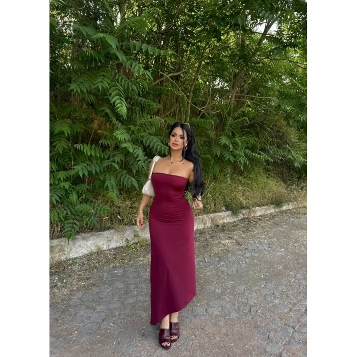 Bordo Mikro Asimetrik Straplez Elbise