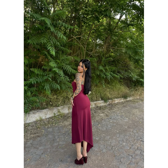 Bordo Mikro Asimetrik Straplez Elbise