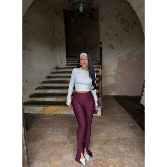 Bordo Ön Yırtmaçlı Fitilli Pantolon