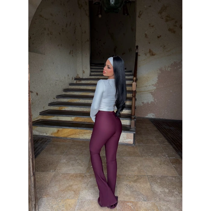 Bordo Ön Yırtmaçlı Fitilli Pantolon