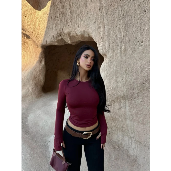 Bordo Parmak Geçmeli Basic Crop