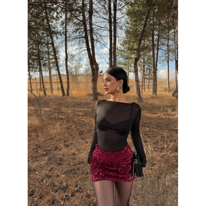 Bordo Payetli Şort Etek