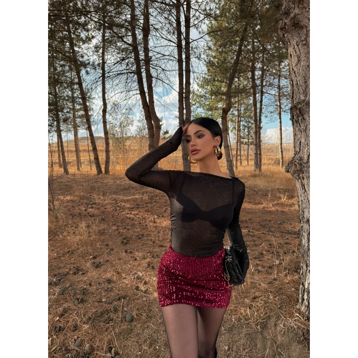 Bordo Payetli Şort Etek