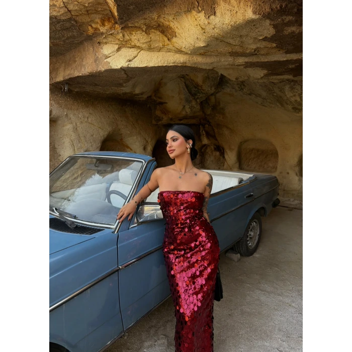 Bordo Payetli Straplez Maxi Elbise