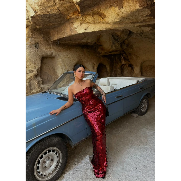 Bordo Payetli Straplez Maxi Elbise