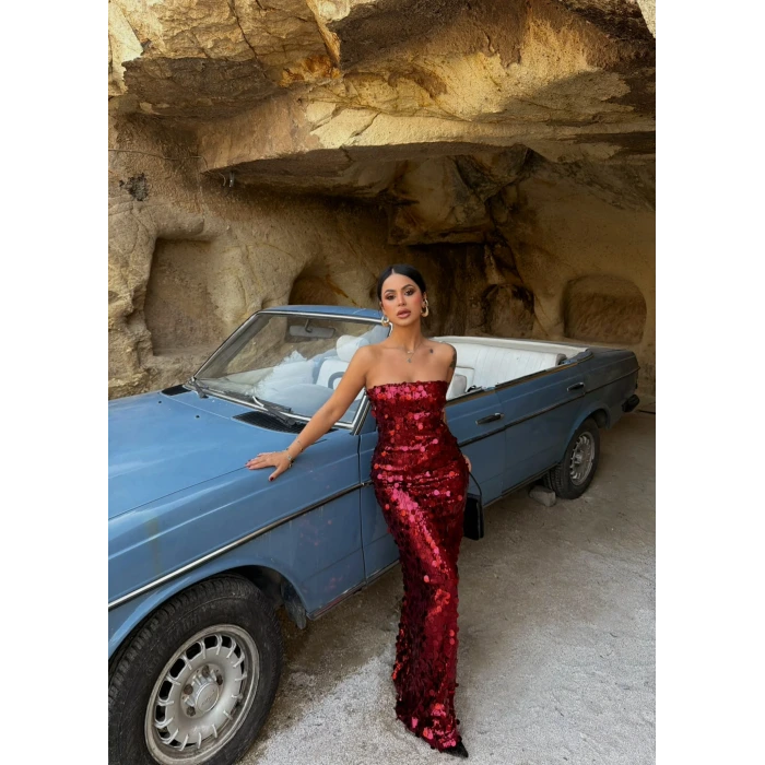 Bordo Payetli Straplez Maxi Elbise