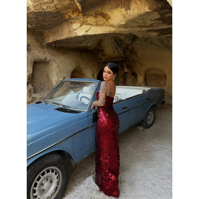 Bordo Payetli Straplez Maxi Elbise