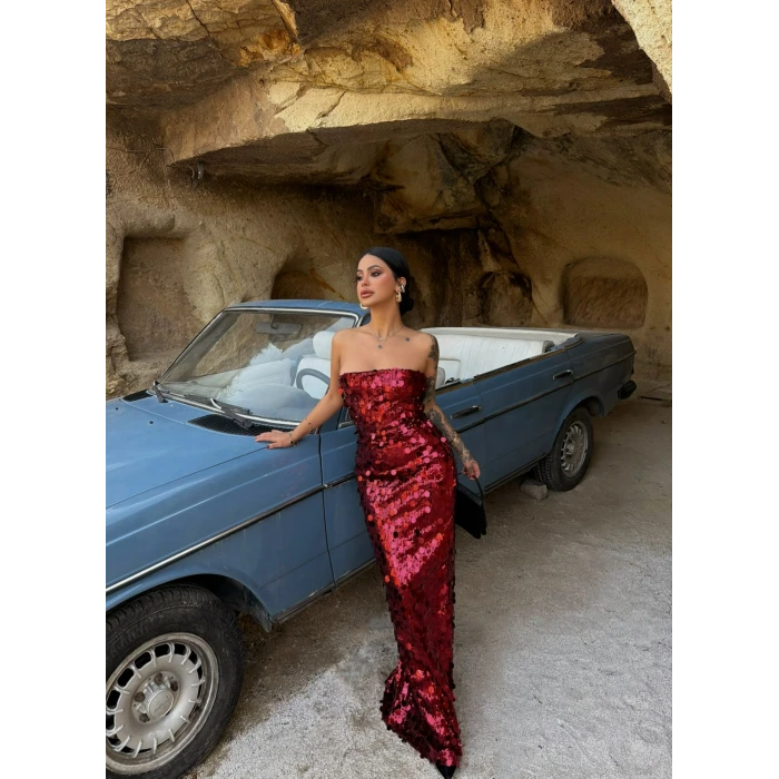 Bordo Payetli Straplez Maxi Elbise