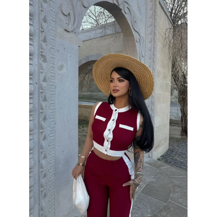 Bordo Şeritli Ottoman İkili Takım
