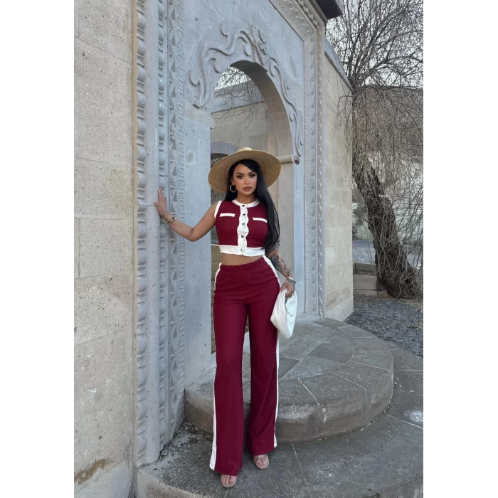 Bordo Şeritli Ottoman İkili Takım