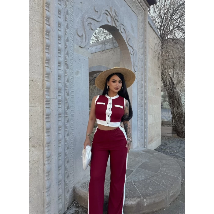 Bordo Şeritli Ottoman İkili Takım