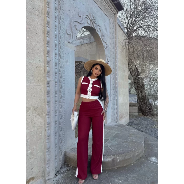 Bordo Şeritli Ottoman İkili Takım