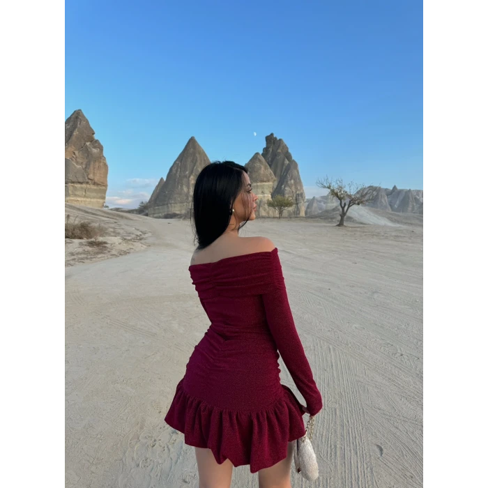 Bordo Simli Balon Etek Elbise