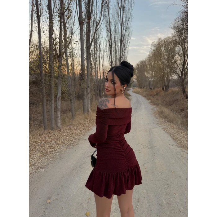 Bordo Simli Balon Etek Elbise