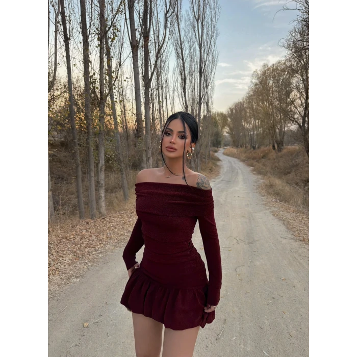 Bordo Simli Balon Etek Elbise