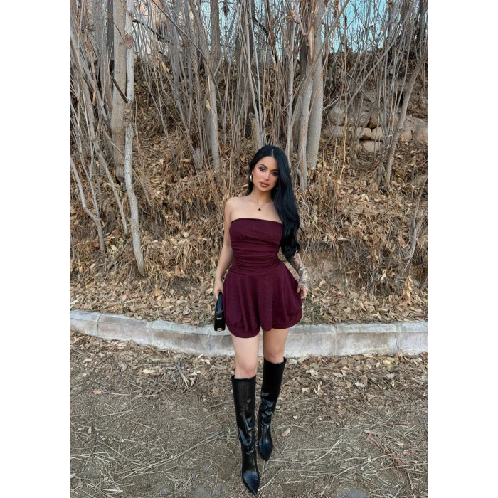 Bordo Simli Straplez Elbise