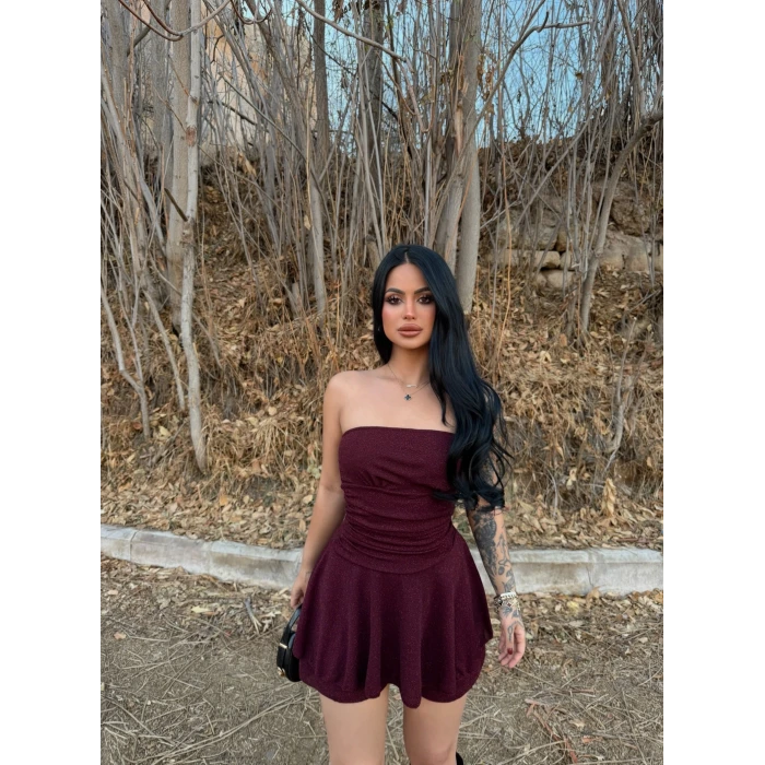 Bordo Simli Straplez Elbise