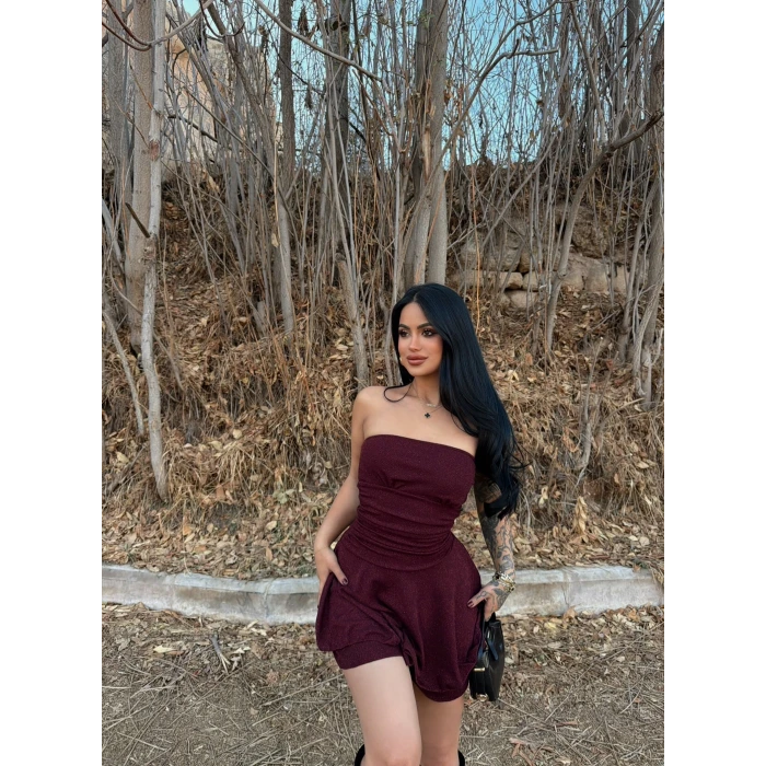 Bordo Simli Straplez Elbise