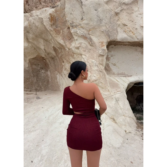 Bordo Simli Yan Pencereli Elbise