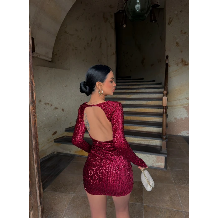 Bordo Sırt Dekolte Payetli Elbise