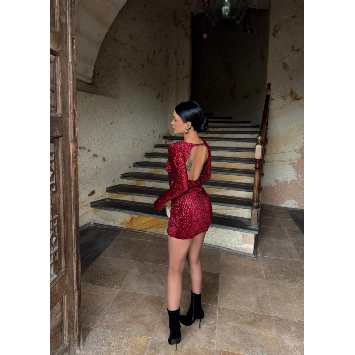 Bordo Sırt Dekolte Payetli Elbise