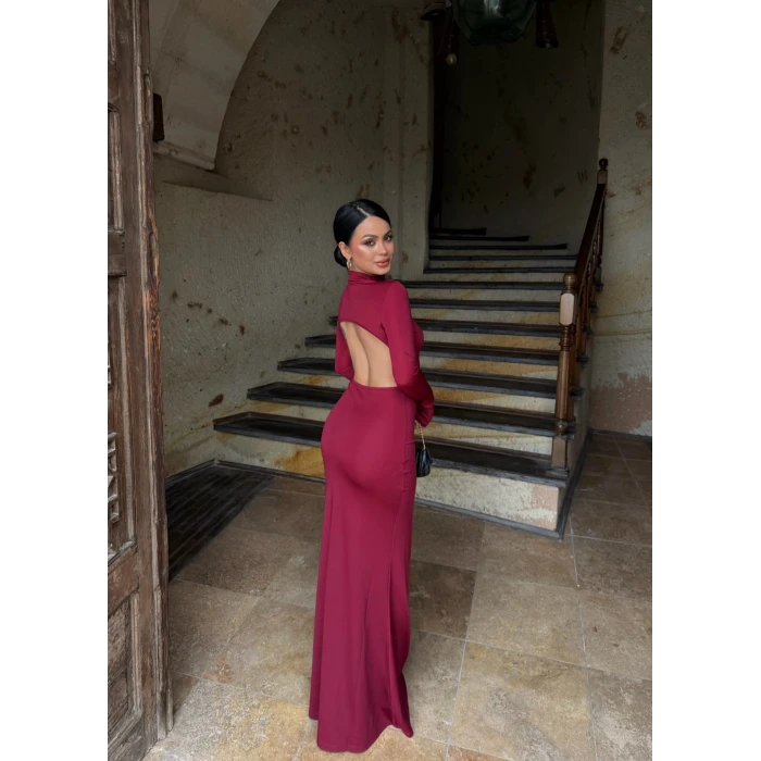 Bordo Sırt Pencereli Maxi Elbise