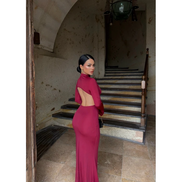 Bordo Sırt Pencereli Maxi Elbise