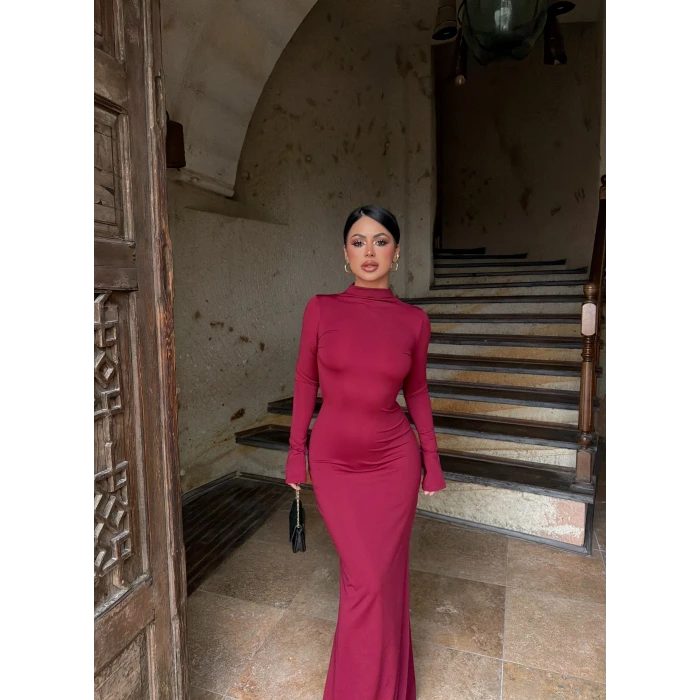 Bordo Sırt Pencereli Maxi Elbise