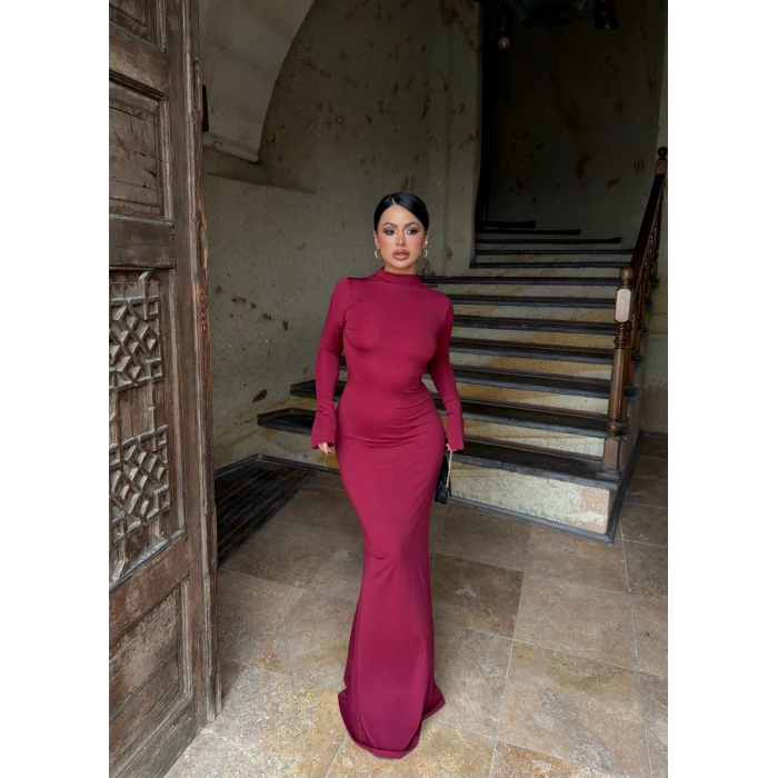 Bordo Sırt Pencereli Maxi Elbise