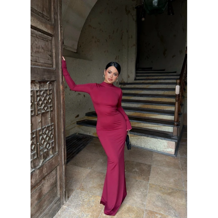 Bordo Sırt Pencereli Maxi Elbise