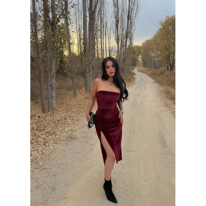 Bordo Straplez Kadife Elbise
