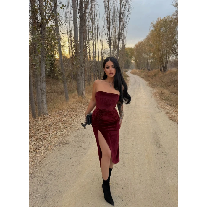 Bordo Straplez Kadife Elbise