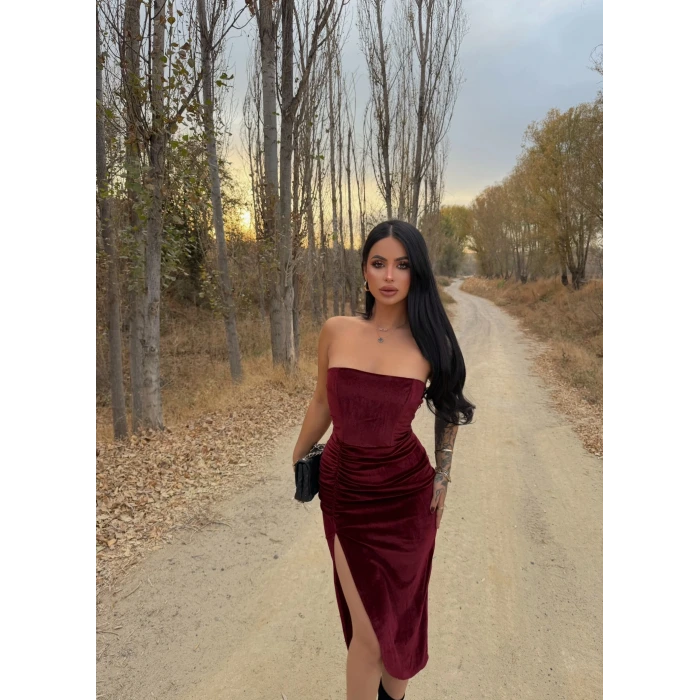 Bordo Straplez Kadife Elbise