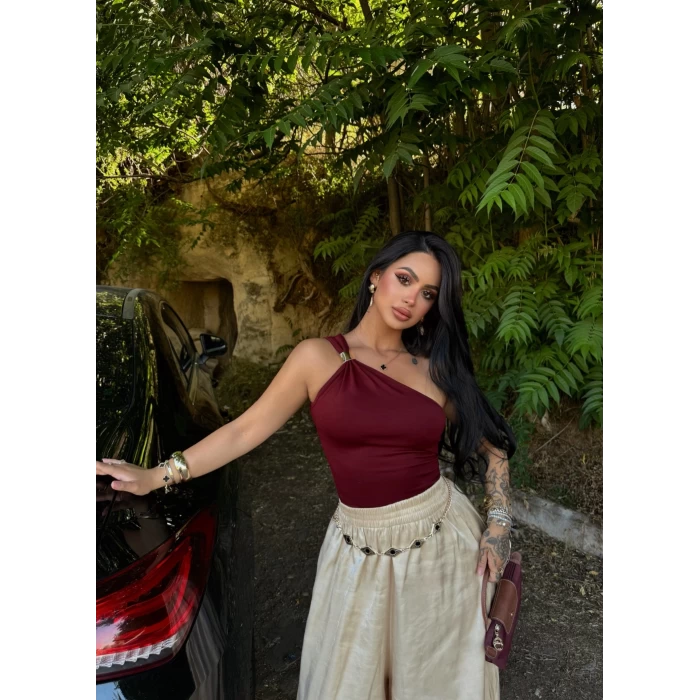Bordo Tek Omuz Tokalı Crop