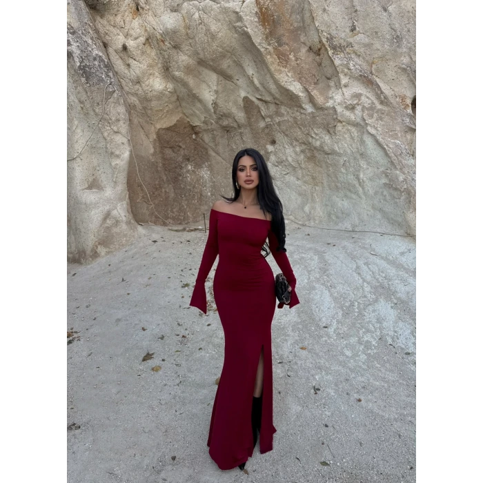 Bordo Tek Yırtmaçlı Madonna Elbise