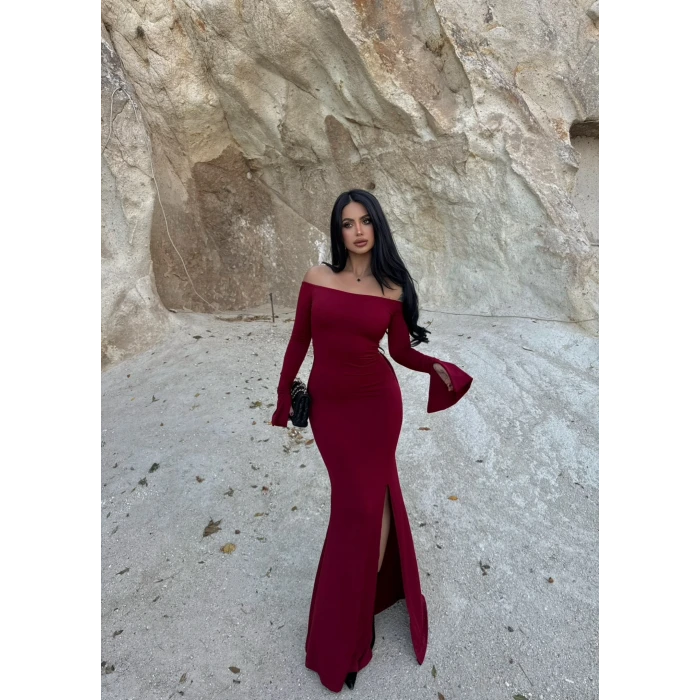 Bordo Tek Yırtmaçlı Madonna Elbise