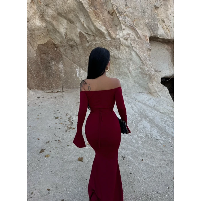 Bordo Tek Yırtmaçlı Madonna Elbise