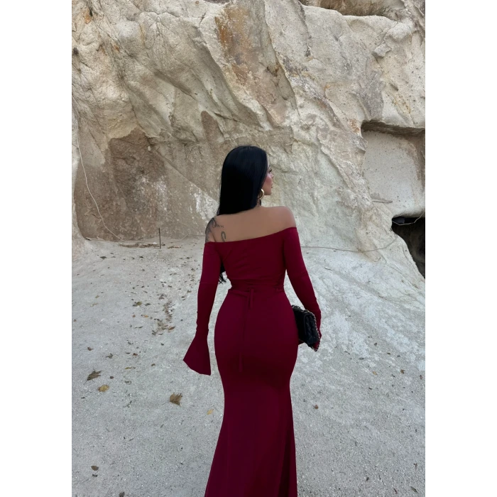 Bordo Tek Yırtmaçlı Madonna Elbise